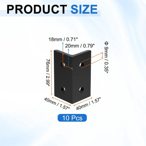 Dead Simple Setup 10 Piece 4 Hole Inside Corner Brackets Heavy Duty L Connectors Black T Slot Fittings dimensions 76mm black aluminum