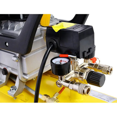 Heavy Duty 13 Gallon Air Compressor With Powerful 4.5HP Oil-Lubricated Motor And 115 Psi Horizontal Tank for pressure gauge and control valves.
