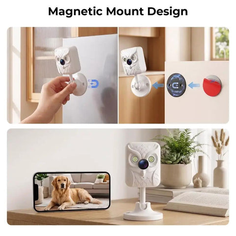 Keep Your Place Secure Hella Sharp 2K Indoor Camera With Full Color Night Vision mounted on a fridge and displaying a pet.