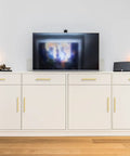 Solid Brushed Gold Square Cabinet Pulls Six Quarter Inches Center To Center 30 Pack Heavy Duty Drawer Handles For Kitchen Cabinets Wardrobes And Dressers Sweet Finishing Touch on white cabinet with TV.