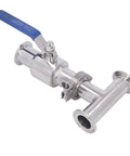 Heavy Duty Clamp Ball Valve With 304 Stainless Steel Body For Quick Grab Installation And Smooth Plumbing Flow Control visible with blue lever.