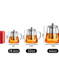 Three glass teapots of different sizes next to a soda can for comparison. Stovetop Safe Glass Teapot 550ml With Removable Stainless Steel Infuser