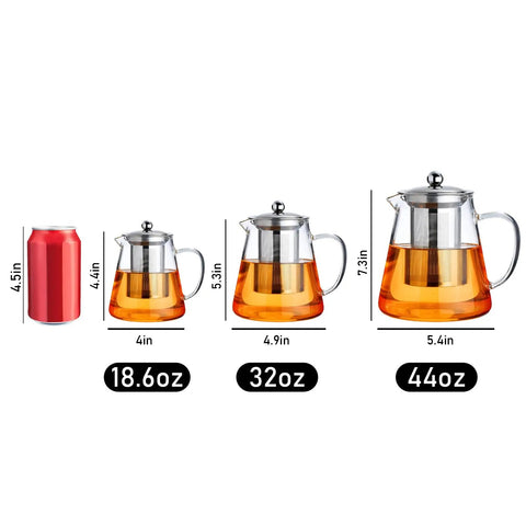 Three glass teapots of different sizes next to a soda can for comparison. Stovetop Safe Glass Teapot 550ml With Removable Stainless Steel Infuser