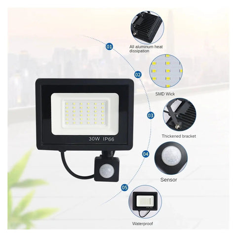 JUDYSSY Pir Motion Sensor Led Flood Light 220 Waterproof Spotlight 30W with adjustable sensor for outdoor use.