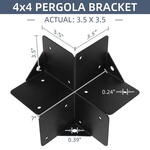 3-Way Right Angle Pergola Corner Bracket Kit, 4x4 Inch, black carbon steel bracket with measurements for wood structures