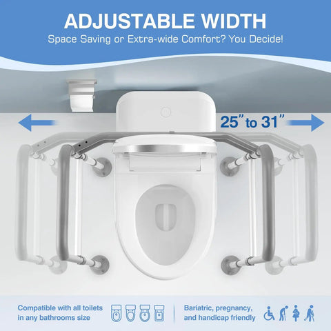 No Sweat Setup Heavy Duty Toilet Safety Rails And Medical Stand Assist For Seniors With Super Solid Bathroom Grab Bars And Totally Reliable Handrail Support Frame, showing adjustable width of 25" to 31".
