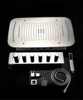 Straight Up Luxury Ceiling Mount Shower System With Remote Led Head And Mist Waterfall Spray Boasting Smart Temp Control And Heavy Duty Rust Proof Body For No Sweat Game Changer Spa Vibes parts flat lay view with chrome finish and knobs.