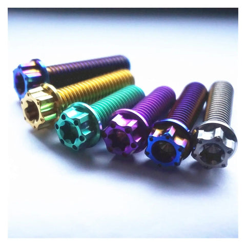 Dial In Your Ride With Premium Grade 5 Titanium Torx Flange Screws M8 X 50mm Purple Anodized Finish Pack Of 4 Heavy Duty motorcycle screws in various colors.
