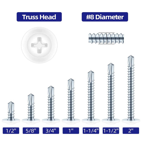 Size Eight By Half Inch Zinc Plated Sheet Metal Screws Three Hundred Piece Pack featuring various lengths and Phillips driven truss head design.