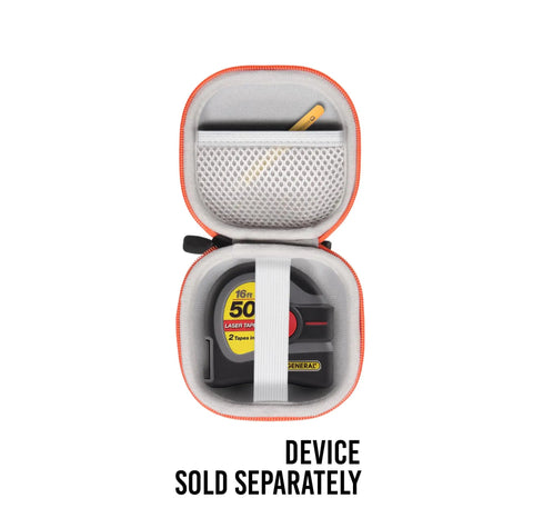 Slim Laser Tape Measure Case Tailored For Prexiso Lexivon And General Tool LTM1 showing zippered interior, storage loop and mesh pocket.