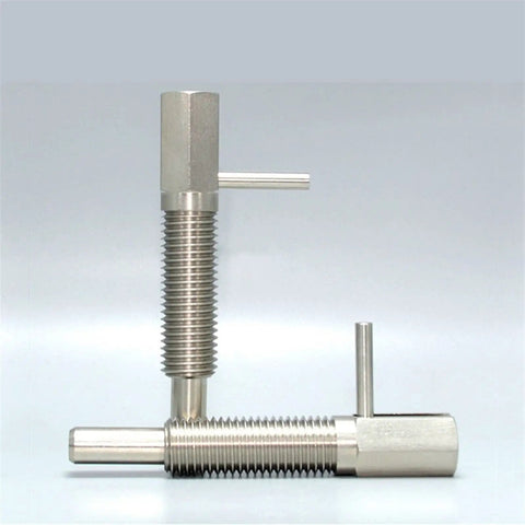 Screw In Indexing Plunger Bolt With Slick Threads And Knockout Grip For Precision Positioning and Heavy Duty Assembly Zero Play Easy Install M16X2 Metric Thread, showing two stainless steel bolts.