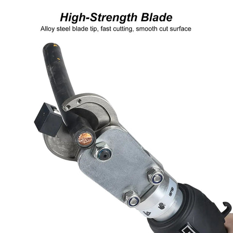 Beefy Heavy Duty 70 KN Electric Hydraulic Cable Cutter With Extension Rod and LED Display showing alloy steel blade cutting copper cable
