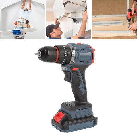 No Sweat Brushless Cordless Drill Kit Delivering 1500 RPM Speed And 45 Nm Torque With 25 Precision Adjustments For Stress Free Home Repair and Heavy Duty Weekend Builds, showing close-up of cordless drill.