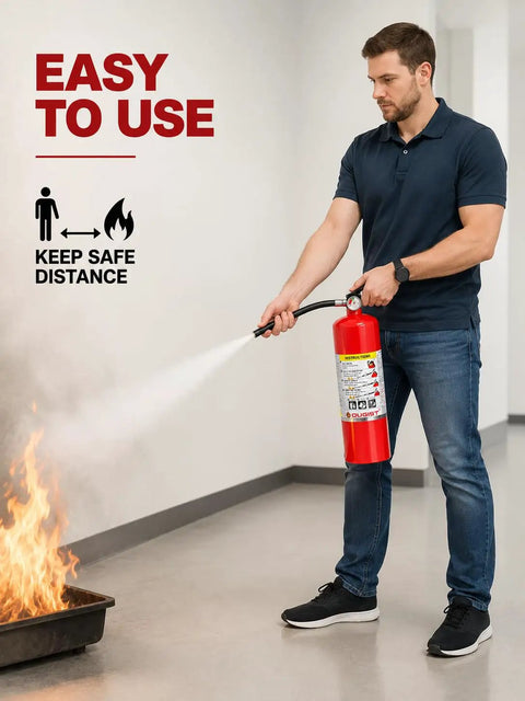 Man using Heavy Duty Abc Dry Chemical Fire Extinguisher Five Pound Two A Ten B C Rated Safety Gear, putting out fire indoors.