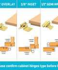 1/2 inch overlay, 3/8 inch inset, and 1/2 inch semi wrap cabinet hinge types for 50 Pack Of 25 Pairs One Half Inch Overlay Self Closing Cabinet Hinges In Tough As Nails Polished Brass Gold Finish For Knockout Kitchen Cupboard Replacement And Zero Fuss Install.
