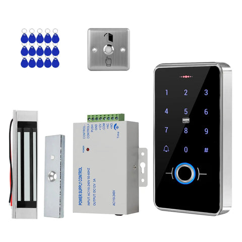 All In One Access Control System Kit With Fingerprint, RFID Card, And Password Keypad, IP68 Waterproof, 180kg Magnetic Lock, Stainless Steel Exit Button, 3.56MHz IC Key Fobs, Power Supply, And Door Sensor displayed with black keypad, silver exit button, and blue key fobs.