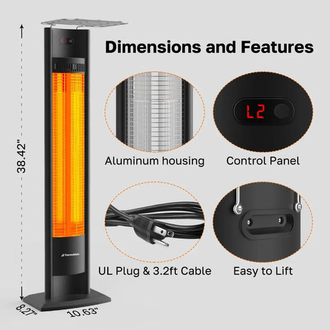 1500W Infrared Patio Tower Heater With Remote, Timer, Tip Over Auto Shutoff, IP55 Outdoor Indoor Rated, 38.5 Inch Portable Space Radiant Heater with control panel and aluminum housing