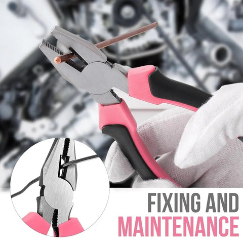 Pink pliers from Compact Tool Box Set For Women With 24 Piece Essential DIY Starter Tools, shown in use for home projects.