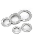 Rock Solid Heavy Duty Wedge Lock Washers Din 25201 Vibration Proof Double Sided Fasteners 304 Stainless Steel Ten Pack on white background.