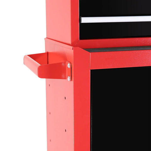 Hella Durable Three Drawer Rolling Tool Chest With Removable Top Box showing side handle for easy mobility in bold red.