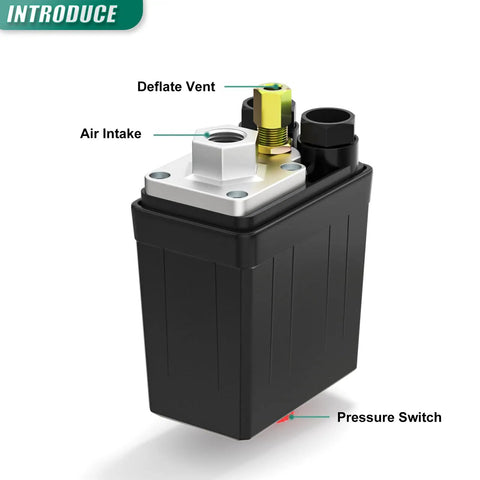 Top Shelf 1 Way Air Compressor Pressure Switch With Control Valve Kit and Manifold Regulator Plus Wide Range Dial Gauge 90 To 120 Psi 110V 240V Aluminum crafted for solid pump control, close-up view of pressure switch components.