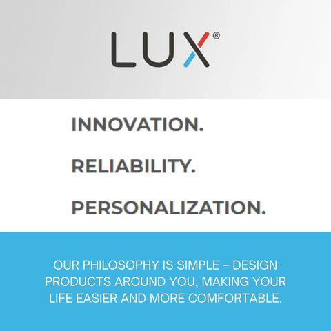 Image of Lux branding with slogans 'Innovation, Reliability, Personalization' and design philosophy for user-centered products.