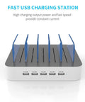 Five Port USB A Charging Station For Multiple Devices Desktop Dock Organizer With Seven Short Cables Included in white front view