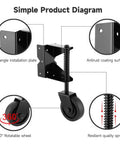Product diagram showing Heavy Duty Spring Loaded Gate Caster With Adjustable Roller For Easy Swing And Zero Sag On Wood Or Metal Yard Fences Featuring Swivel Mount Plate.