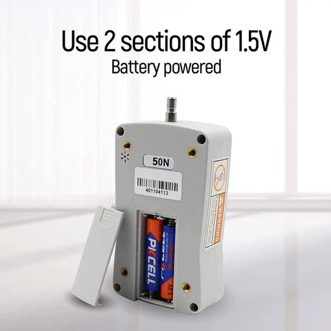 Straight Up 50N Digital Force Gauge Push And Pull Tester Meter showcasing battery compartment with two 1.5V batteries.