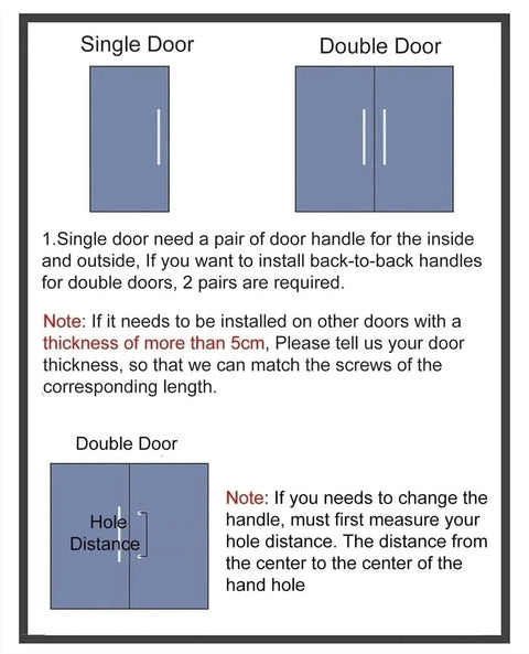 Diagram showing installation instructions for push pull barn door handle set on single and double doors with notes on door thickness.