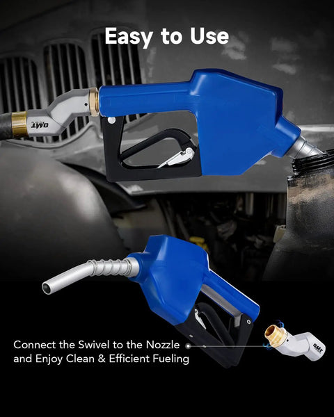 Automatic Fuel Nozzle Kit With Three Quarter Inch NPT Connection Auto Shut Off 360 Degree Hose Swivel in blue alloy.