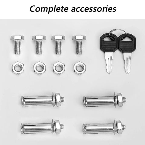 Complete accessories for Lock Down Your Plug With This Heavy Duty EV Charger Cover Lock Box including bolts, nuts, and keys.