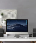 Bluetooth Bookshelf Speakers With Optical Input, Wireless Studio Monitor Vibe, 4 Inch Woofer, 42W RMS, Wood Grain Finish on desk