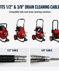Heavy Duty Drain Snake Auger Drill Bit Set In One Half And Three Eighths Size with 1/2 and 3/8 inch drain cleaning cables.