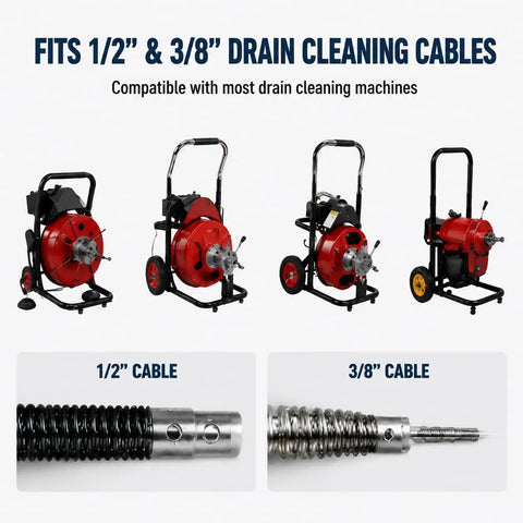 Heavy Duty 3/8 and 1/2 Inch Cable Drain Auger Bit Set with Sharp Steel Cutting Heads compatible with drain machines, showing cables.