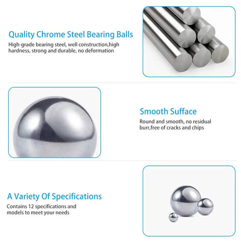 Heavy Duty 1.5 Inch Chrome Bearing Balls 38mm Diameter Slick Mirror Polish Finish Top Shelf Aisi 52100 Steel Five Pack Ball Bearing Set on display.