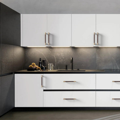 Premium Champagne Bronze And Brown Knurled Kitchen Cabinet Pulls With A Badass Heavy Duty Grip 5 Inch Center To Center 10 Pack shown on modern kitchen cabinets.