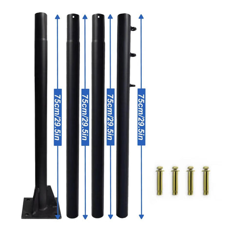 Four black segments of Heavy Duty Shade Sail Poles 9.4Ft Outdoor Sun Shade Pole Kit Steel Rust Resistant Support with bolts.