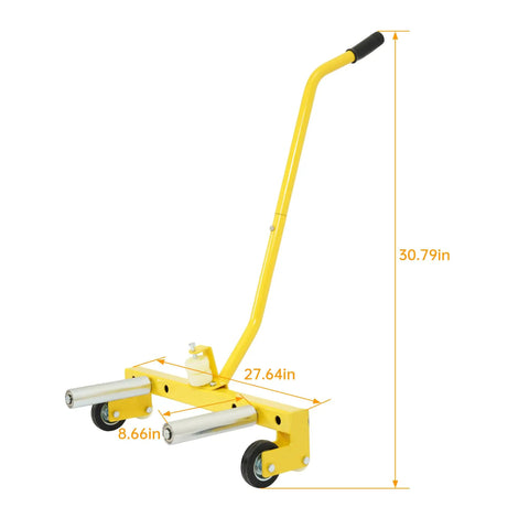 Straight Up Heavy Duty Rolling Tire Dolly Wheel Hauler Cart With Adjustable Three Step Lift For Solid Tire Lock and Easy Car Truck Swap Smooth Maneuvering Garage Must Have dimensions showing yellow frame and wheels.