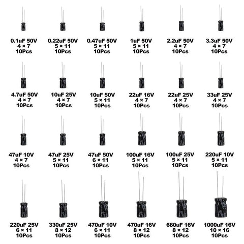 Stock of various Killer Value Aluminum Electrolytic Capacitor Assortment Kit options including sizes and voltages.