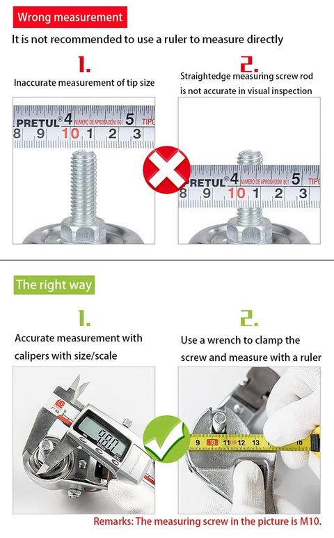 Guide on measuring screws with calipers and wrench for accurate results, showing incorrect and correct methods side by side.