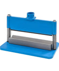 Front view of 12 Inch Shop Press Brake Attachment for 12 to 20 Ton Hydraulic Workshop Presses, 90 Degree Bend, blue metal fabrication tool.