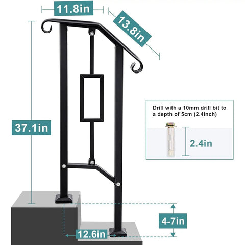 No Sweat Outdoor Step Handrails Heavy Duty Double Post Railing System dimensions showing height, width, and installation details.