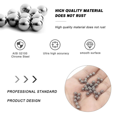 Top Notch Solid Steel Bearing Balls Quarter Inch 6.35mm G25 Precision Rounds on a hand, showcasing smooth surface and chrome steel.