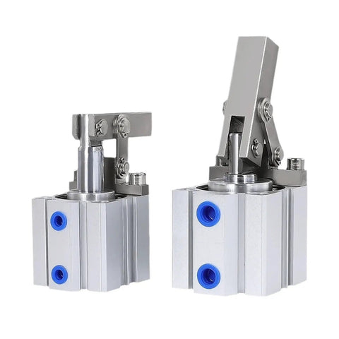 Top Shelf Pneumatic Clamp Cylinder Featuring Robust Leverage Rocker Arm Design, heavy duty air powered gripping actuator with blue accents.