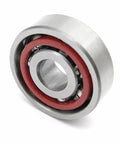Top Notch Hella Precision Abec Five Single Row Angular Contact Ball Bearing Metric Frame With 15 Degree Contact Angle and Rock Solid Five By Sixteen By Five Millimeter Specs built for fast spin applications, viewed from an angle.