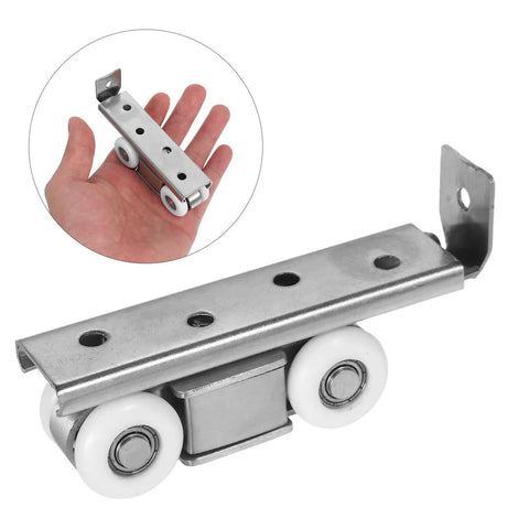 Heavy Duty Stainless Steel Sliding Door Track With Silent Nylon Four Wheel Pulley System For Easy Bolt On Setup And Rolls Like Butter Closet Hardware Kit, close-up of pulley.