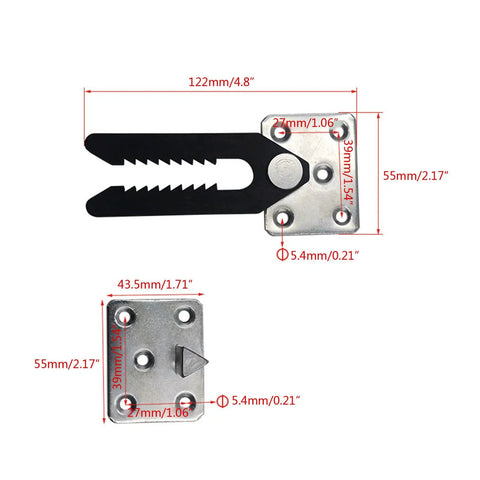 Diagram of sturdy metal sectional couch connector snap joint, two-part metal buckle system with measurements for modular sofas.