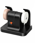 Rock Solid Compact Bench Grinder with Copper Motor Twin Wheels Adjustable RPM and Polishing Attachment Black Shell. Bench grinder with black frame and polishing wheels.