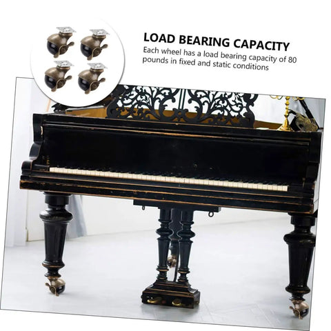 Smooth Riding Vintage Brass Plate Casters Four Pack For Furniture Wheels Featuring Sturdy Ball Bearings and Hardwood Safe Non Marking Rollers Heavy Duty Rustic Hardware Upgrade Set on a black piano.